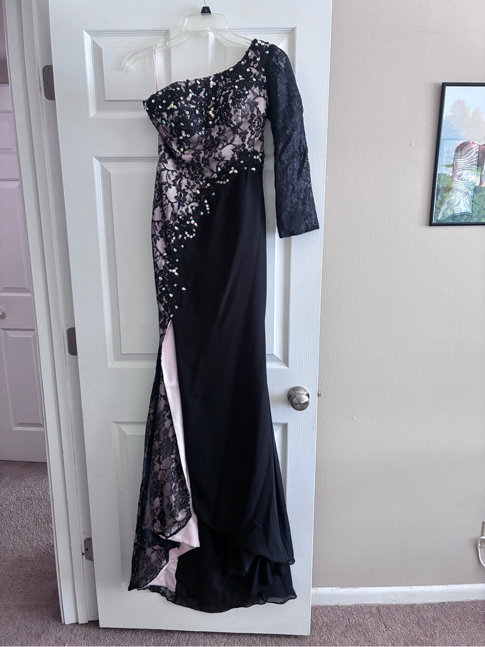 Black and Blush One-Shoulder Evening Gown